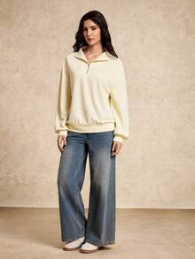 House of One Zip-Up Front Mock Neck Plain Casual Sweatshirt Women Autumn Winter Pullover For Women - Khaki - View 6