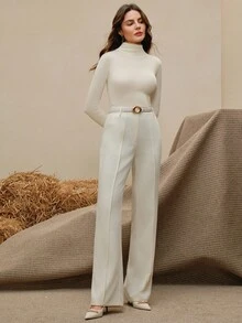 SHEIN X Jwoww Anewsta Women's Elegant Modern Solid Color 100% Wool Turtleneck Sweater - White - View 8