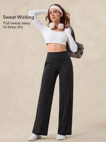 OutZeal Women Sports Pants Daily Casual Lounge Buttery Soft Knitted Sweat Wicking High Waist Straight Legs With Pockets - Black - View 3