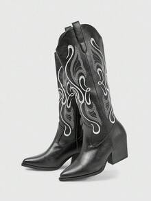 ROMWE Fairycore 2025 Herbst/Winter Neue Spitze Zehen Plateau Absatz Stiefel mit Stickerei Details, Outdoor Mode Leder Overknee Stiefel