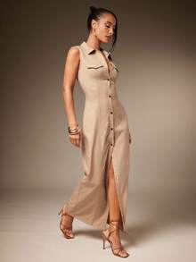 Hauture Vestido camisero sin mangas de mujer con botones delanteros, de tejido elástico y estilo utilitario de calle - Marrón - Ver 4