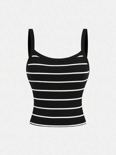 SHEIN Girlism Teen Girls Striped Print Casual Minimalist Summer Girls Graphic Tank Top, Casual & Homewear Striped Tank Top Black And White Striped Top Striped Cami Black And White Tank Top Tank Tops For Women Tops Cute Black And White Tops For Teen Girls Not Cropped Tube Tops Women Tight Tops Striped Tube Top Cute Top Ribbed Striped Top Striped Cami Top