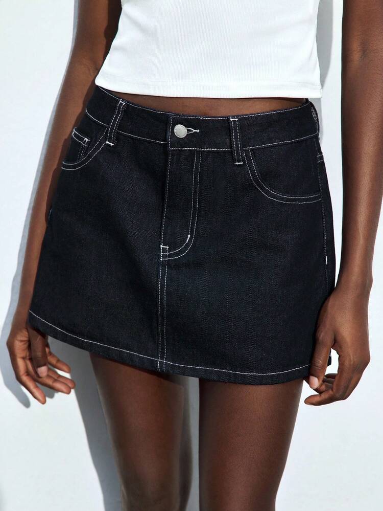 SHEIN Maija Women's Dark Blue Denim Skirt, Low Waist Mini Skirt, Cute Bow Embroidery Classic Denim Skirt Autumn Women's Clothing