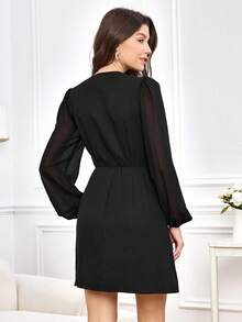 Miaspire Damen V-Ausschnitt Langarm Kleid mit Metallschnalle Taille, Chiffon Ärmel A-Linie elegantes Kleid für den Herbst