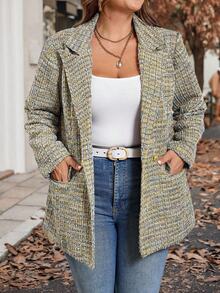 SHEIN Clasi Áo khoác blazer cổ ve kẻ caro tay dài cài hai hàng khuy thường ngày cho nữ cỡ lớn - Nhiều màu - Xem 3