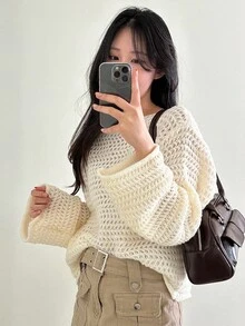 DAZY Hollow Out One-Shoulder Loose Knit Sweater Women, Cropped Flare Sleeve Pullover Fall - Apricot - View 1