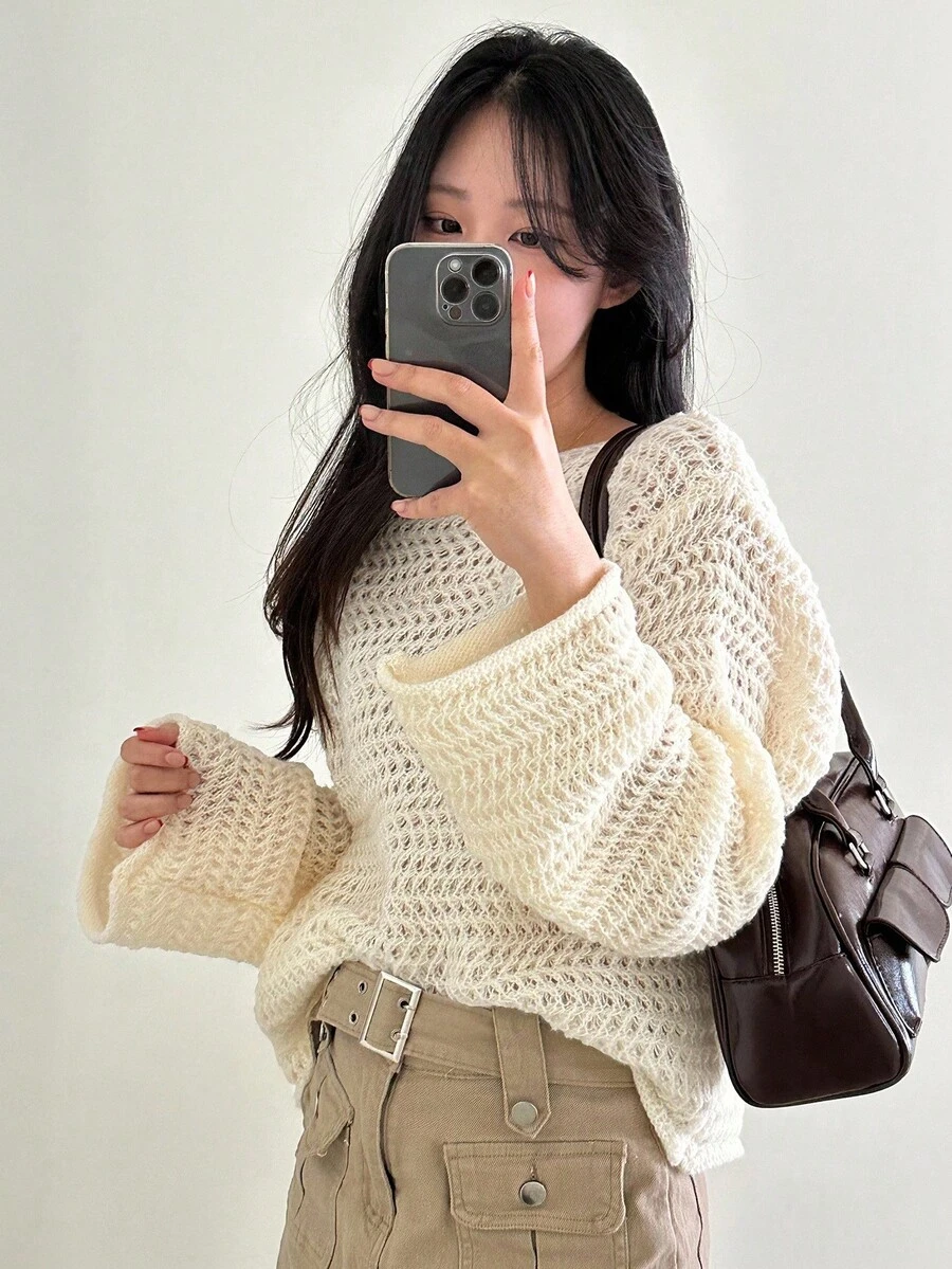 DAZY Hollow Out One-Shoulder Loose Knit Sweater Women, Cropped Flare Sleeve Pullover Fall - Apricot - View 1