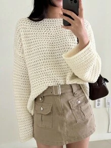 DAZY Hollow Out One-Shoulder Loose Knit Sweater Women, Cropped Flare Sleeve Pullover Fall - Apricot - View 9
