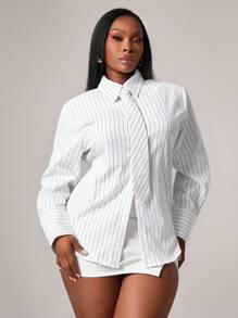 Radiana 女士时尚优雅白色条纹衬衫，配同色领带，腰部可调节，复古风格，适合日常穿着、通勤、商务、办公、都市、度假等场合。这款衬衫是女士办公室条纹衬衫、商务休闲女式衬衫、优雅办公室衬衫、条纹衬衫和蝴蝶结衬衫的理想之选。 - 彩色 - 查看 10