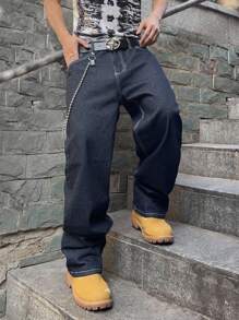 Manfinity EMRG 男士口袋宽松阔腿休闲百搭牛仔裤 - 深色水洗藍 - 查看 5