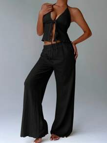 FavEase Textured Pleated Halter Neck Top And Loose Wide Leg Pants Set - Black - View 3