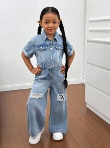 SHEIN 年轻女孩蓝色牛仔破洞衬衫式连体裤，酷炫街头造型