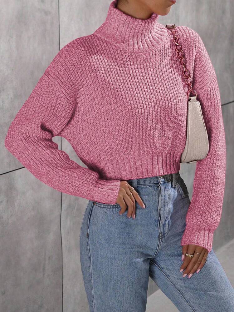 Women's Pink High Neck Dropped Shoulder Long Sleeve Loose Casual Sweater Knit Pullover Fall Winter