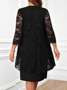 Miaspire Plus Size Women's Round Neck Long Sleeve Lace Stitching Curved Hem Double Layer Elegant Party Red New Years Dress,Winter Clothes For Women,Valentine Day