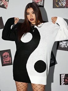 Whyspr Áo len chui đầu họa tiết Thái Cực Quyền màu tương phản thường ngày cỡ lớn dành cho nữ - Đen và trắng - Xem 7