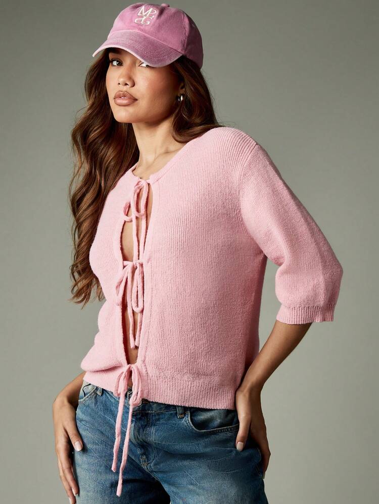 MISSGUIDED Women Half Sleeve Cardigan Tie Front Sweater Spring Fall Casual Top Ribbed Knit Lightweight Layering Button Down Knitwear Basic Everyday Wear