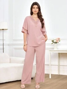 Medorina 2 件优雅定制领花衬衫上衣，粉色面料，女士适用 - 粉色 - 查看 3
