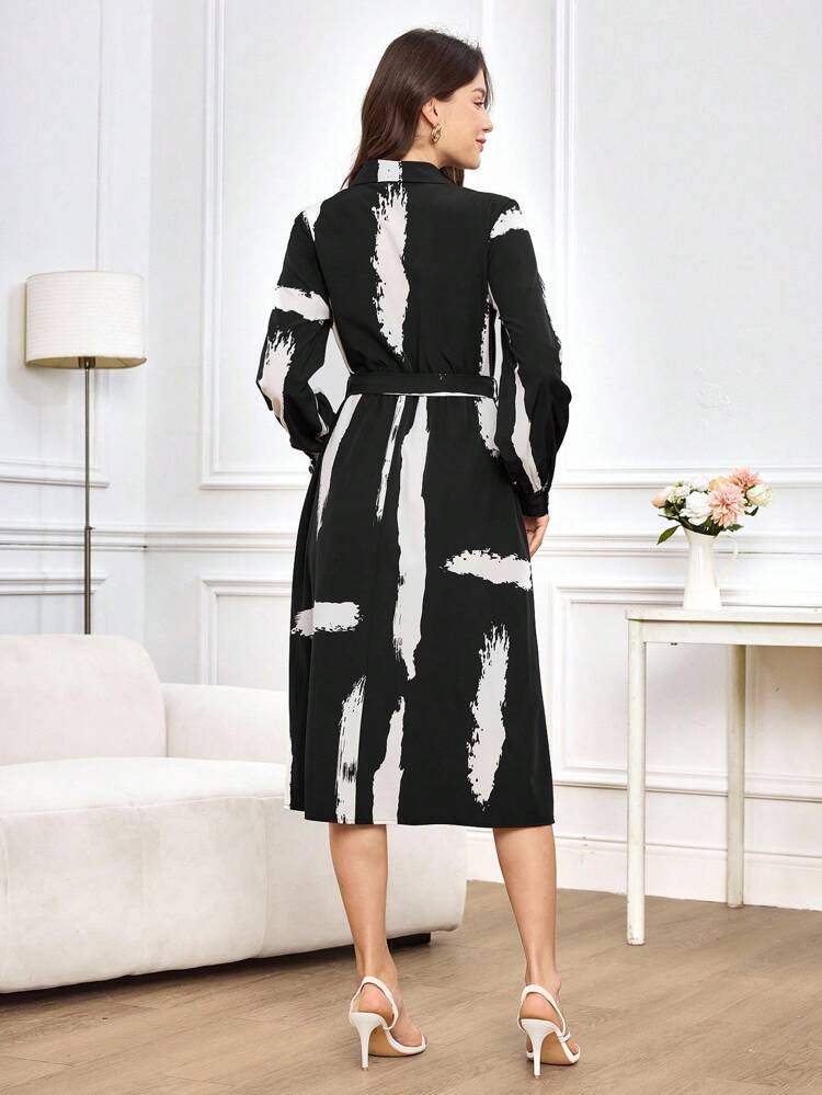 Fall/Winter Printed Midi Dress, Elegant Casual Dress,Fall Women Clothes,Teacher Dress,Going Out Dress Women,Business Casual Woman,Flowy Dress,Striped Print Dress,Women's Shirt-Style Tie Dress,Glamour Dress,Lack Dress