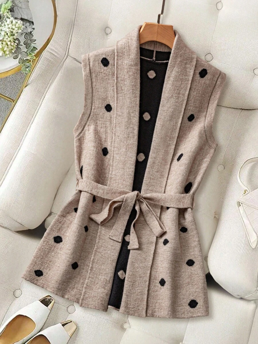 Franclia Cárdigan de punto holgado con cuello en V y cordón, con estampado de lunares aleatorio para mujer - Caqui - Ver 1