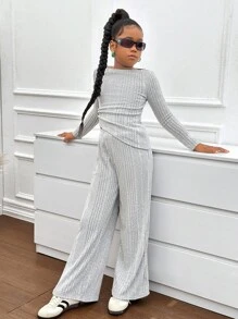 SHEIN مجموعة بنطلون ولباس علوي كاجوال رمادية للمراهقات، بأكمام طويلة غير متماثلة مصنوعة من الأقمشة المحبوكة المرنة، وبخصر مربوط بسحاب، مناسبة للخريف والشتاء