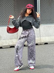 SHEIN Explorewe 青少年女孩街头酷儿童休闲青少年女孩春/秋连帽运动衫、印花图案针织背心和裤子三件套服装、时尚街头风格、街头服饰 - 黑色 - 查看 7