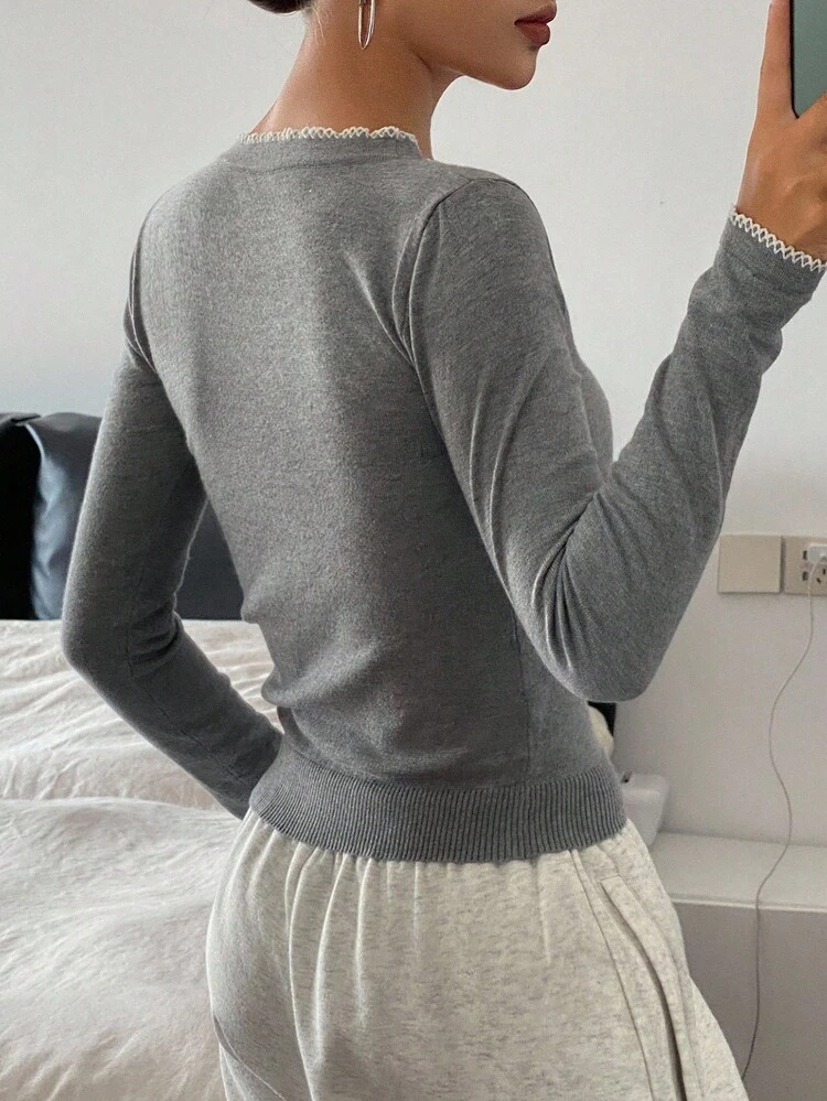 Contrast Color Trim Fitted Long Sleeve V-Neck Casual Elegant Autumn/Winter Knit Cardigan For Women