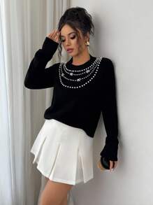 Selianne Women's Faux Pearl & Rhinestone Embellished Crew Neck Loose Fit Elegant Sweater Fall Winter Cloth For Women - Black - View 1