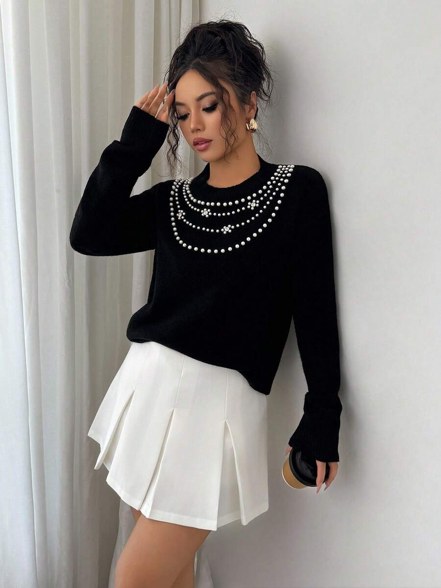Selianne Women's Faux Pearl & Rhinestone Embellished Crew Neck Loose Fit Elegant Sweater Fall Winter Cloth For Women - Black - View 1