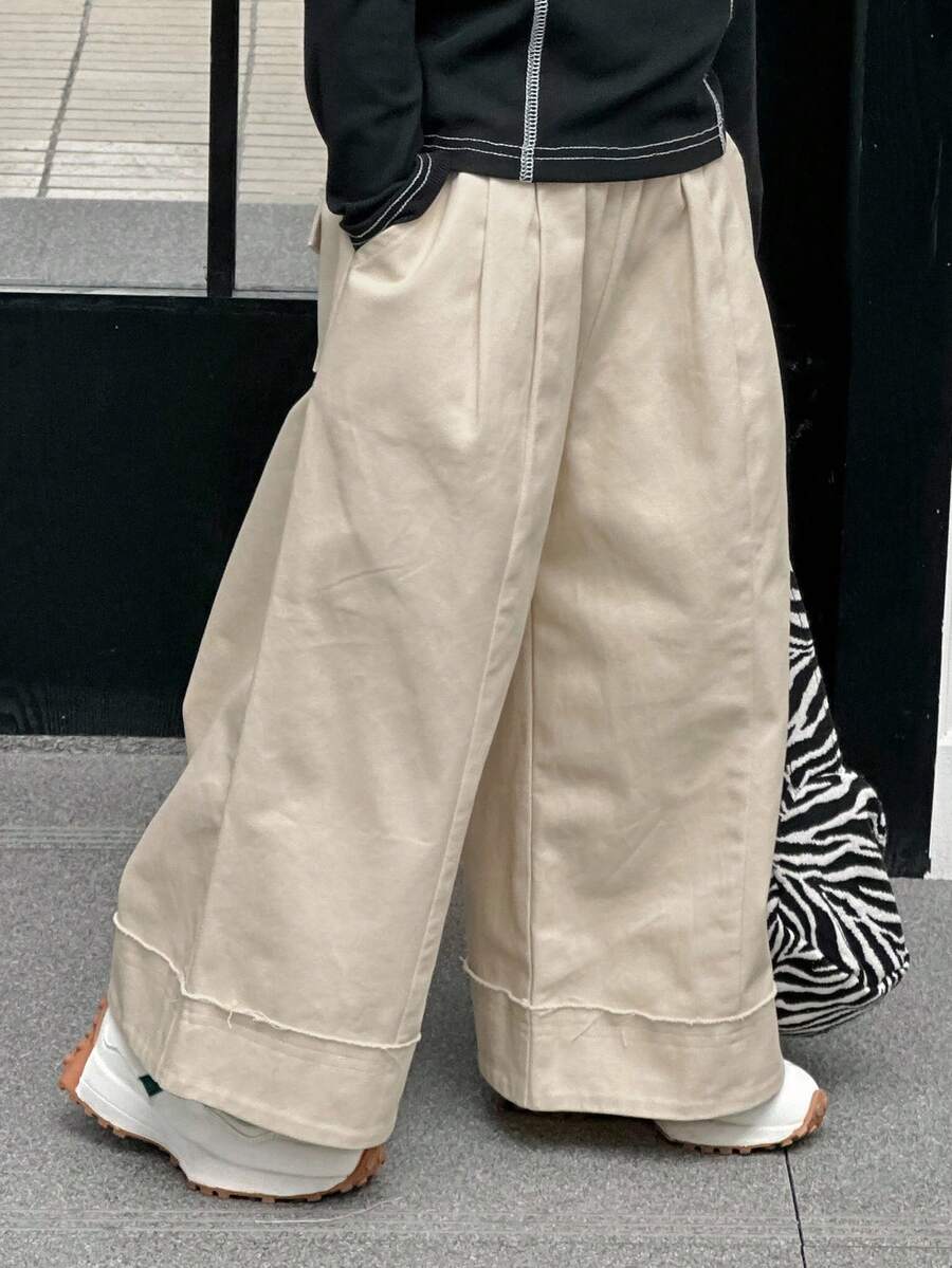 Dazy Kids 年轻女孩纯色口袋阔腿宽松休闲裤 - 米色 - 查看 1