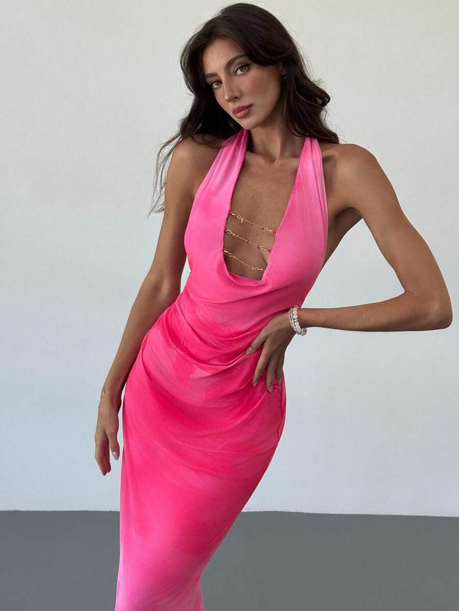 Aloruh Romantic Deep Draped Neck Backless Halter Dress With Chain Decor, Sexy And Tight-Fitting, Suitable For Dates, Vacation And Summer - Pink - View 1