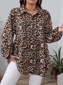 SHEIN LUNE Plus Size Women Leopard Print Lapel Long Sleeve Blouse, Fall/Winter Tops Button Up Shirt Business Casual Woman Work Thanksgiving Holiday - Multicolor - View 3