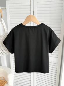 SHEIN Áo thun Raglan tay ngắn cổ tròn rộng rãi màu trơn đơn giản dành cho bé gái tuổi mới lớn - màu đen - Xem 2