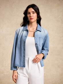 House of One 女士浅色水洗休闲长袖宽松牛仔衬衫上衣春秋季度假牛仔衬衫女式牛仔衬衫女式牛仔衬衫 - 淺色水洗藍 - 查看 3