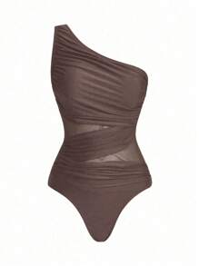 Swim Oasis Traje de baño de una pieza con panel de malla fruncida de unicolor y falda pareo - Burdeos - Ver 6