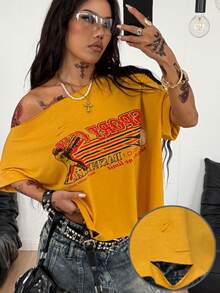 Coolane 女士夏季音乐会节街头服饰 Y2K 撕边剪裁黄色不对称肩部 T 恤 - 黃色 - 查看 2