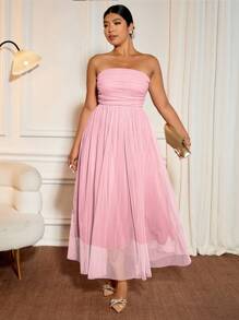 Allurite Plus Size Women's Blush Pink Summer Elegant Formal Wedding Ninang Mid-Length Dress,Sleeveless Pleated Ruched Elastic Waist For Parties And Occasions - Pink - View 1
