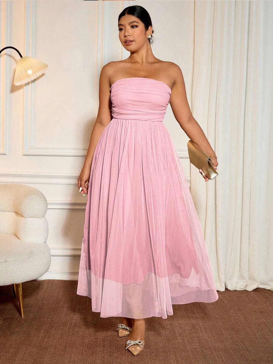 Allurite Plus Size Women's Blush Pink Summer Elegant Formal Wedding Ninang Mid-Length Dress,Sleeveless Pleated Ruched Elastic Waist For Parties And Occasions - Pink - View 1