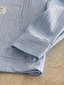 Manfinity VCAY 男士休闲梭织拼布翻领宽松落肩夹克男士拉链衬衫浅蓝色夹克男士条纹衬衫男士轻便夹克男士复古衬衫条纹衬衫夹克男士春季夹克，复古款，秋季，冬季 - 藍色 - 查看 4