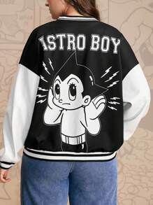 Astro Boy X SHEIN Plus Size Casual Everyday Contrast Color Cartoon Graphic Jacket Winter Fall Autumn - Black and White - View 1