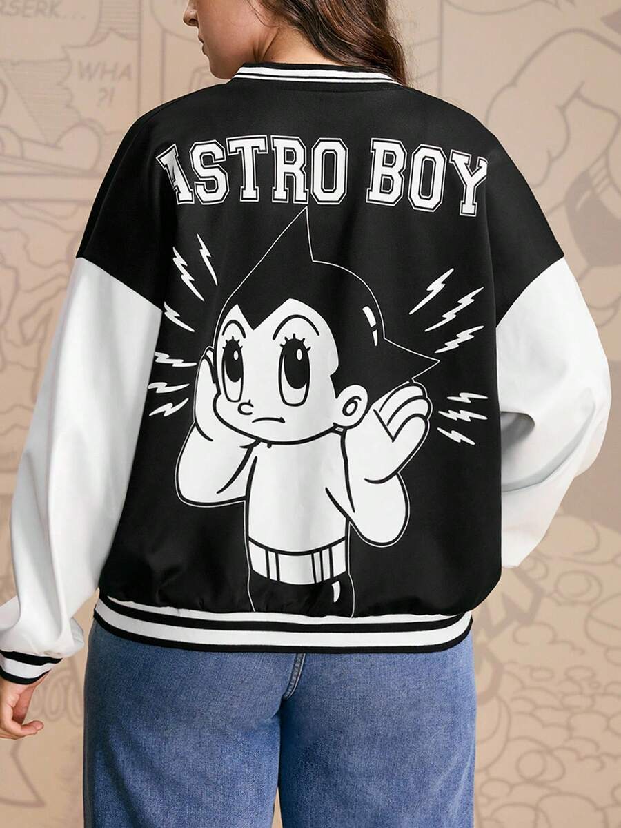 Astro Boy X SHEIN Plus Size Casual Everyday Contrast Color Cartoon Graphic Jacket Winter Fall Autumn - Black and White - View 1