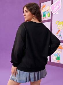 Nick 90s | SHEIN Plus Size Women's Summer Fall Autumn Y2k Cleanfit Atry Chic Cute Retro Vintage Casual Alternative Back To School Clothes Kawaii  Streetwear Loose Black Black Cartoon Pattern Crew Neck Sweatshirt Winter