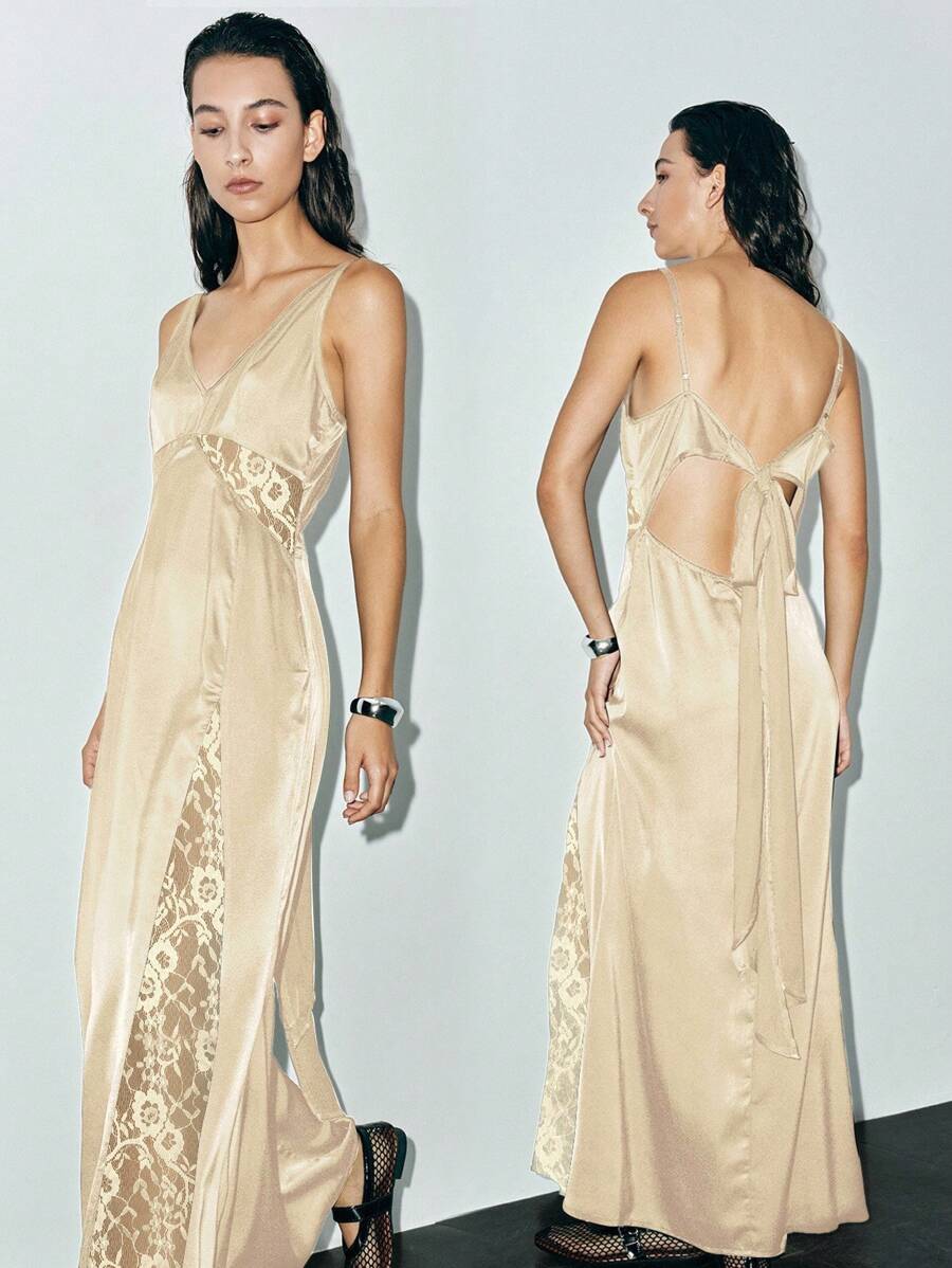 Chiquease Summer Sexy Spaghetti Strap Lace Patchwork Tie-Knot Backless Dress - Champagne - View 1