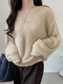 FRIFUL 女士圆领撞色蝴蝶结后背宽松厚绒毛衣秋冬 - 白色 - 查看 4