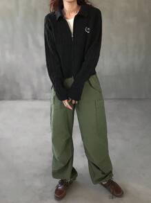 FRIFUL 女式数字刺绣长袖拉链休闲针织开衫夹克 - 黑色 - 查看 8