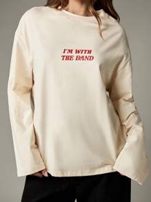 MISSGUIDED 超大长袖 T 恤，带有红色乐队音乐文字复古图形印花乐队 T 恤音乐会复古乐队商品粉丝服饰 - 杏色 - 查看 6