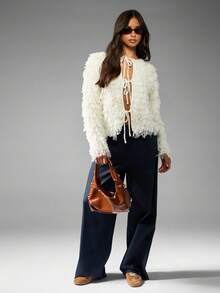 MISSGUIDED 毛茸茸的毛圈针织开衫秋冬超大毛衣，带流苏细节长袖前开式时尚针织衫 - 白色 - 查看 3