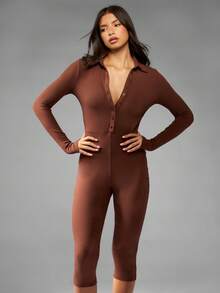 MISSGUIDED Button Down Long Sleeve Capri Jumpsuit Ribbed Knit Collared Bodysuit Office Wear Evening Fall Winter Occasion Wear - Coffee Brown - View 1
