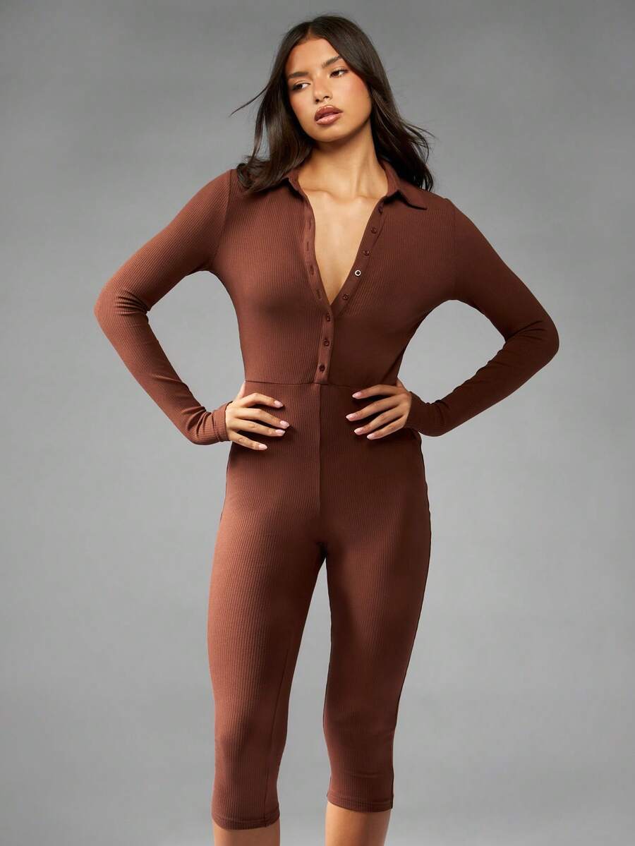 MISSGUIDED Button Down Long Sleeve Capri Jumpsuit Ribbed Knit Collared Bodysuit Office Wear Evening Fall Winter Occasion Wear - Coffee Brown - View 1