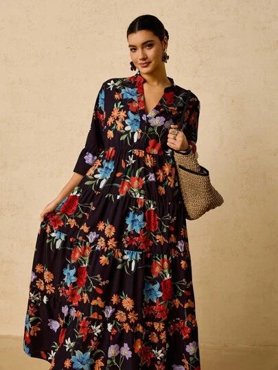 Travachic Plus Size Women's Floral Print V-Neck Flare Sleeve Casual Dress Maxi Floral Dress Floral Maxi Dress Casual Maxi Dress Bohemian Maxi Dress Floral Maxi Dress Women Women Floral Maxi Dress Autumn Dress Going Out Dress Fall Clothes Fall Clothes Plus Size Autumn Clothes Old Money Beach Outfits For Woman Resort Wear Women Ibiza Outfit,Fall Clothes For Women