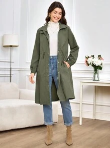 Miaspire Women's Fall And Winter Trench Jacket, With Functional  And  Fabric, Hooded Design, Drawstring Waist, Zipper Cardigan Design, Suitable For Going Out, High Collar  Collar Design, Multiple Design Points Of Side Pockets Long Windbreaker Jacket,Zip Up Hooded For Women - Army Green - View 4
